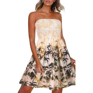 imageCHICGAL Summer Dresses for Women Beach Cover Ups Strapless Boho Floral Print SundressYellow Coconut Tree