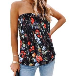 imageCHICGAL Womens Tube Tops Summer Casual Bandeau Tank Casual Strapless Blouse Off The Shoulder Tunic ShirtsBlack Color Flower