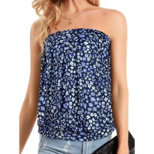 imageCHICGAL Womens Tube Tops Summer Casual Bandeau Tank Casual Strapless Blouse Off The Shoulder Tunic ShirtsBlue Small Floral
