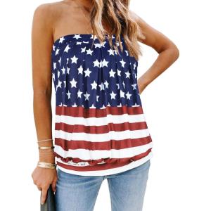 imageCHICGAL Womens Tube Tops Summer Casual Bandeau Tank Casual Strapless Blouse Off The Shoulder Tunic ShirtsFlag Printed