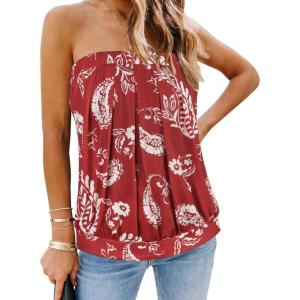 imageCHICGAL Womens Tube Tops Summer Casual Bandeau Tank Casual Strapless Blouse Off The Shoulder Tunic ShirtsRed Floral