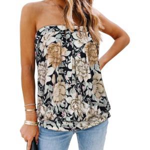 imageCHICGAL Womens Tube Tops Summer Casual Bandeau Tank Casual Strapless Blouse Off The Shoulder Tunic ShirtsYellow Big Rose