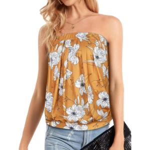 imageCHICGAL Womens Tube Tops Summer Casual Bandeau Tank Casual Strapless Blouse Off The Shoulder Tunic ShirtsYellow Floral