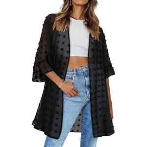 imageWomens Kimono Cardigans Floral Chiffon Loose Open Front Casual Summer TopsA Black Dot