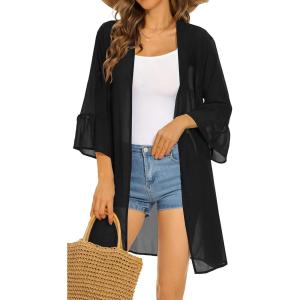 imageWomens Kimono Cardigans Floral Chiffon Loose Open Front Casual Summer TopsBlack