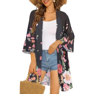 imageWomens Kimono Cardigans Floral Chiffon Loose Open Front Casual Summer TopsBlack Floral