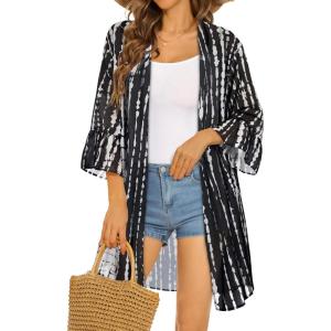 imageWomens Kimono Cardigans Floral Chiffon Loose Open Front Casual Summer TopsBlack White Stripe