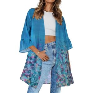 imageWomens Kimono Cardigans Floral Chiffon Loose Open Front Casual Summer TopsBlue Green Flowers