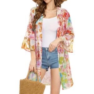 imageWomens Kimono Cardigans Floral Chiffon Loose Open Front Casual Summer TopsColorful Flowers