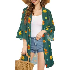 imageWomens Kimono Cardigans Floral Chiffon Loose Open Front Casual Summer TopsOrange Green Floral