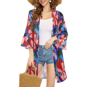 imageWomens Kimono Cardigans Floral Chiffon Loose Open Front Casual Summer TopsPink Colorful Floral