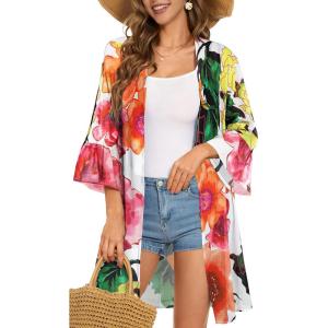 imageWomens Kimono Cardigans Floral Chiffon Loose Open Front Casual Summer TopsPink Rose