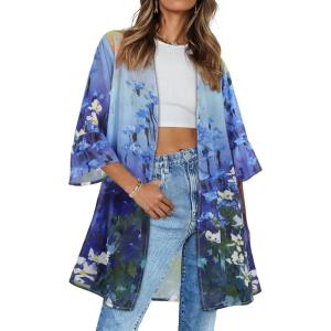 imageWomens Kimono Cardigans Floral Chiffon Loose Open Front Casual Summer TopsSun Floral Flowers