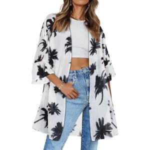 imageWomens Kimono Cardigans Floral Chiffon Loose Open Front Casual Summer TopsWhite Hawaii Tree