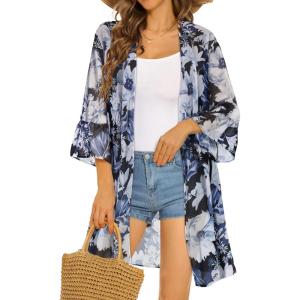 imageWomens Kimono Cardigans Floral Chiffon Loose Open Front Casual Summer TopsWhite Leaf Floral