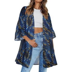 imageWomens Kimono Cardigans Floral Chiffon Loose Open Front Casual Summer TopsYellow Blue Leaf