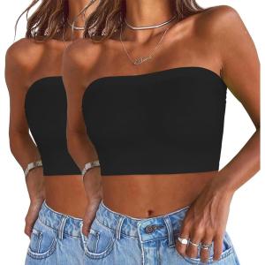 imageWomens Tube Tops Summer Bandeau Casual Crop Top Going Out Strapless Tank Basic Short Shirt2 Pieces Black black