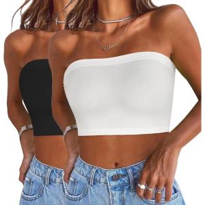 imageWomens Tube Tops Summer Bandeau Casual Crop Top Going Out Strapless Tank Basic Short Shirt2 Pieces Black white