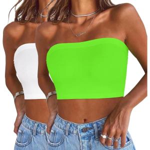 imageWomens Tube Tops Summer Bandeau Casual Crop Top Going Out Strapless Tank Basic Short Shirt2 Pieces White neon Green