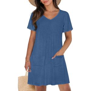 imageCHICGAL Summer Dresses for Women V Neck Short Sleeve Casual Loose T Shirt Sundress Beach Cover Ups with PocketsBlue