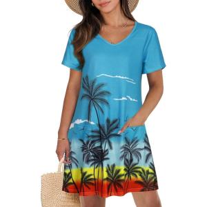 imageCHICGAL Summer Dresses for Women V Neck Short Sleeve Casual Loose T Shirt Sundress Beach Cover Ups with PocketsBlue Beach