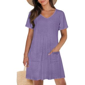 imageCHICGAL Summer Dresses for Women V Neck Short Sleeve Casual Loose T Shirt Sundress Beach Cover Ups with PocketsLight Purple