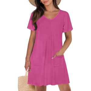imageCHICGAL Summer Dresses for Women V Neck Short Sleeve Casual Loose T Shirt Sundress Beach Cover Ups with PocketsRose Red