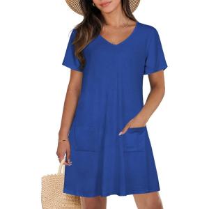 imageCHICGAL Summer Dresses for Women V Neck Short Sleeve Casual Loose T Shirt Sundress Beach Cover Ups with PocketsRoyal Blue