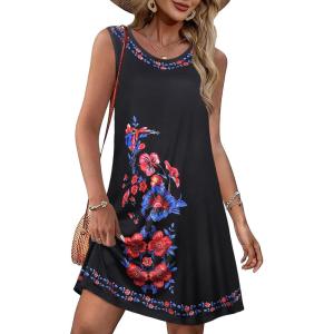 imageSummer Dresses for Women Beach Boho Sleeveless Vintage Floral Flowy Pocket Tshirt Tank SundressesBlack Flower Branch