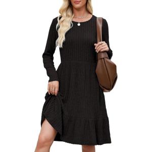 imageBerydress Fall Sweater Dresses for Women 2025 Long Sleeve Crewneck Flowy Babydoll Winter Casual Midi Dress with PocketsBlack