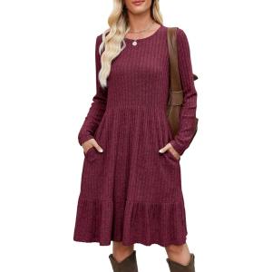 imageBerydress Fall Sweater Dresses for Women 2025 Long Sleeve Crewneck Flowy Babydoll Winter Casual Midi Dress with PocketsBurgundy