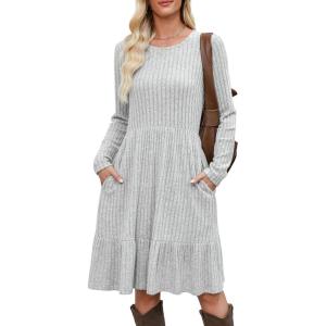 imageBerydress Fall Sweater Dresses for Women 2025 Long Sleeve Crewneck Flowy Babydoll Winter Casual Midi Dress with PocketsGrey