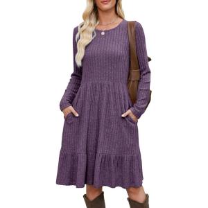 imageBerydress Fall Sweater Dresses for Women 2025 Long Sleeve Crewneck Flowy Babydoll Winter Casual Midi Dress with PocketsPurple