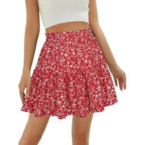 imageBerydress Womens Ruffle Mini Skirt 2025 Trendy Beach Vacation High Waisted Tiered A Line Casual Summer Boho Flowy SkirtsRed Floral