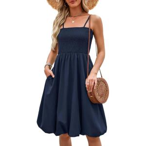 imageBerydress Womens Summer Smocked Sun Dress with Pockets 2025 Trendy Spaghetti Strap Boho Beach Casual Midi Bubble DressesNavy Blue
