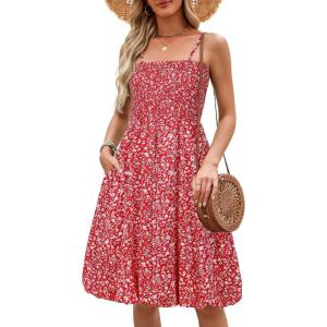 imageBerydress Womens Summer Smocked Sun Dress with Pockets 2025 Trendy Spaghetti Strap Boho Beach Casual Midi Bubble DressesRed Floral