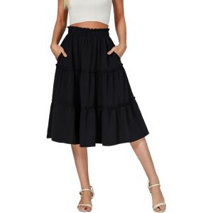 imageBerydress Midi Skirt for Women with Pockets 2025 High Waist A Line Casual Summer Boho Flowy Tiered Ruffle Beach SkirtsBlack