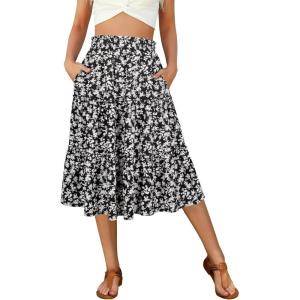 imageBerydress Midi Skirt for Women with Pockets 2025 High Waist A Line Casual Summer Boho Flowy Tiered Ruffle Beach SkirtsBlack Floral