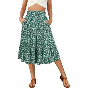 imageBerydress Midi Skirt for Women with Pockets 2025 High Waist A Line Casual Summer Boho Flowy Tiered Ruffle Beach SkirtsGreen Floral