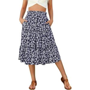 imageBerydress Midi Skirt for Women with Pockets 2025 High Waist A Line Casual Summer Boho Flowy Tiered Ruffle Beach SkirtsNavy Floral
