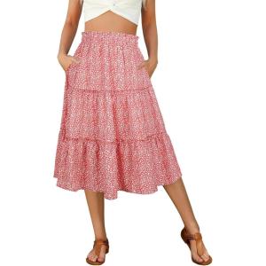 imageBerydress Midi Skirt for Women with Pockets 2025 High Waist A Line Casual Summer Boho Flowy Tiered Ruffle Beach SkirtsPink Floral