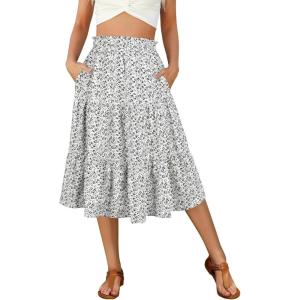 imageBerydress Midi Skirt for Women with Pockets 2025 High Waist A Line Casual Summer Boho Flowy Tiered Ruffle Beach SkirtsWhite Floral