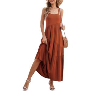 imageBerydress Summer Dresses for Women 2025 Spaghetti Strap Sundress Flowy Tiered Casual Boho Vacation Long Maxi Sun DressBrown