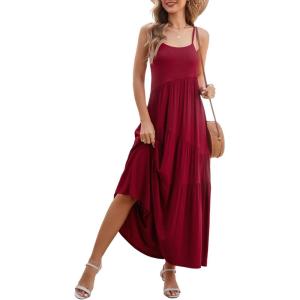 imageBerydress Summer Dresses for Women 2025 Spaghetti Strap Sundress Flowy Tiered Casual Boho Vacation Long Maxi Sun DressBurgundy