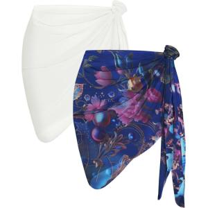 imageCHICGAL 2 Pieces Women Beach Sarong Bathing Suit Wrap Skirt Sheer Bikini Swimsuit Cover Ups for SwimwearWhite and Bright Blue Flower