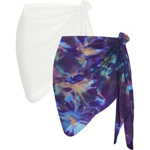 imageCHICGAL 2 Pieces Women Beach Sarong Bathing Suit Wrap Skirt Sheer Bikini Swimsuit Cover Ups for SwimwearWhite and Purple Blue Flower