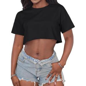 imageCrop Tops for Women Casual Short Sleeve T Shirts Summer Basic Top Crew Neck Oversized Cropped TeesBlack