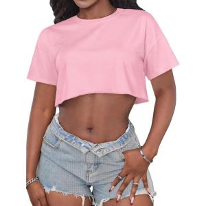 imageCrop Tops for Women Casual Short Sleeve T Shirts Summer Basic Top Crew Neck Oversized Cropped TeesPink