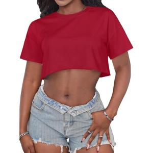 imageCrop Tops for Women Casual Short Sleeve T Shirts Summer Basic Top Crew Neck Oversized Cropped TeesRed