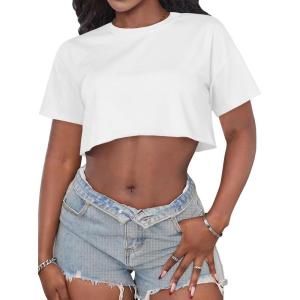 imageCrop Tops for Women Casual Short Sleeve T Shirts Summer Basic Top Crew Neck Oversized Cropped TeesWhite